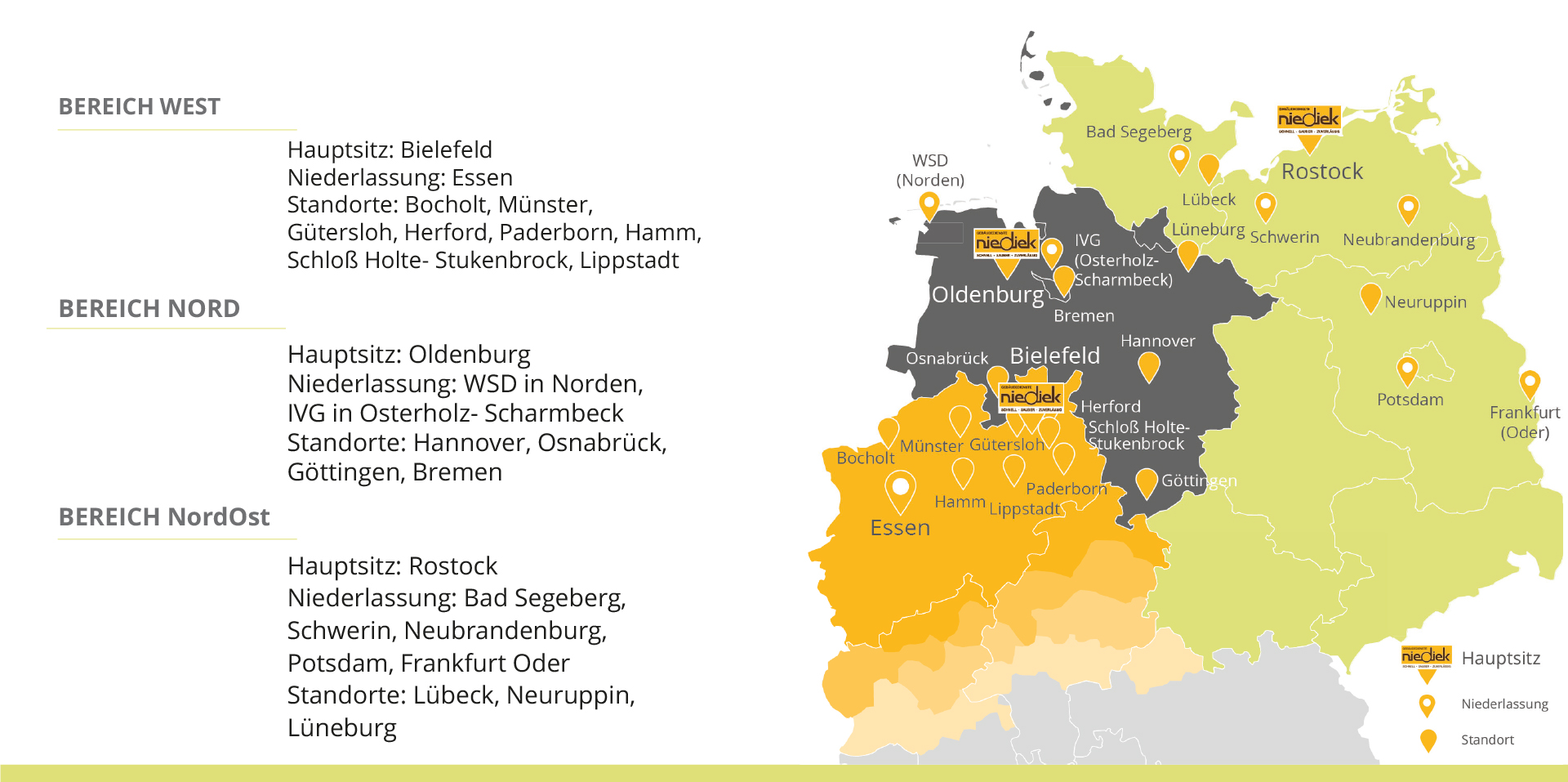 Überblick unserer Standorte und Niederlassungen um Bielefeld, Oldenburg und Rostock